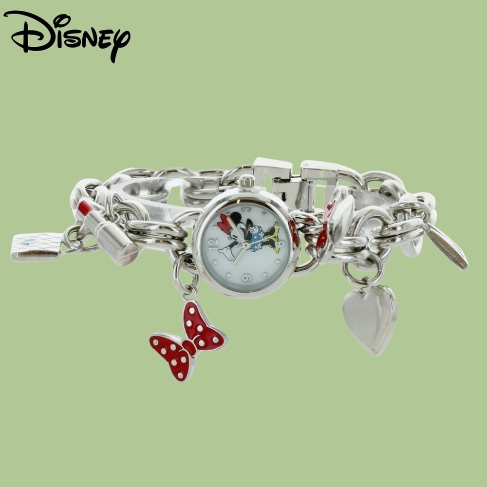Disney Minnie Mouse Women’s Stainless Steel Charm Bracelet Watch NWT/BOX - Picture 2 of 5